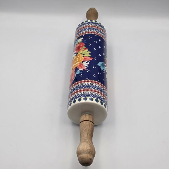 Pioneer Woman Fiona Floral Rolling Pin Stoneware Wood Handles HTF - Picture 4 of 5